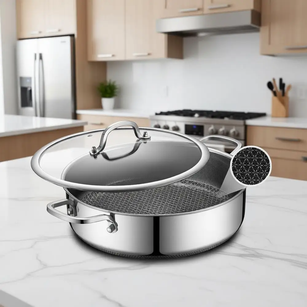 

Гибридная антипригарная кастрюля-мультиварка на 5 кварт, 12-дюймовая фритюрница с крышкой, подходит для мытья в посудомоечной машине и использования в духовке, совместима с индукционными плитами