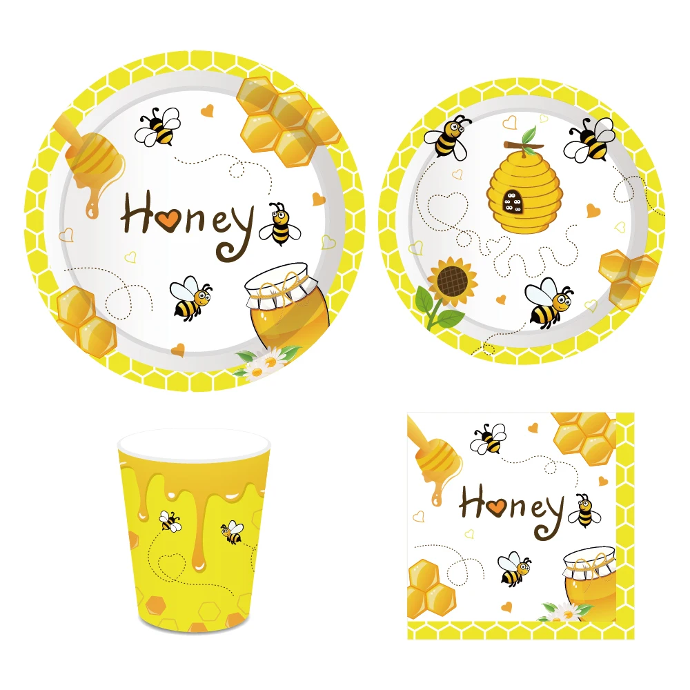 Bee Birthday Party Decor Honey Paper Cups Tableware Kit Bee Gold Cartoon Animals Balloons Kids Birthday Bee Baby Shower Supplies