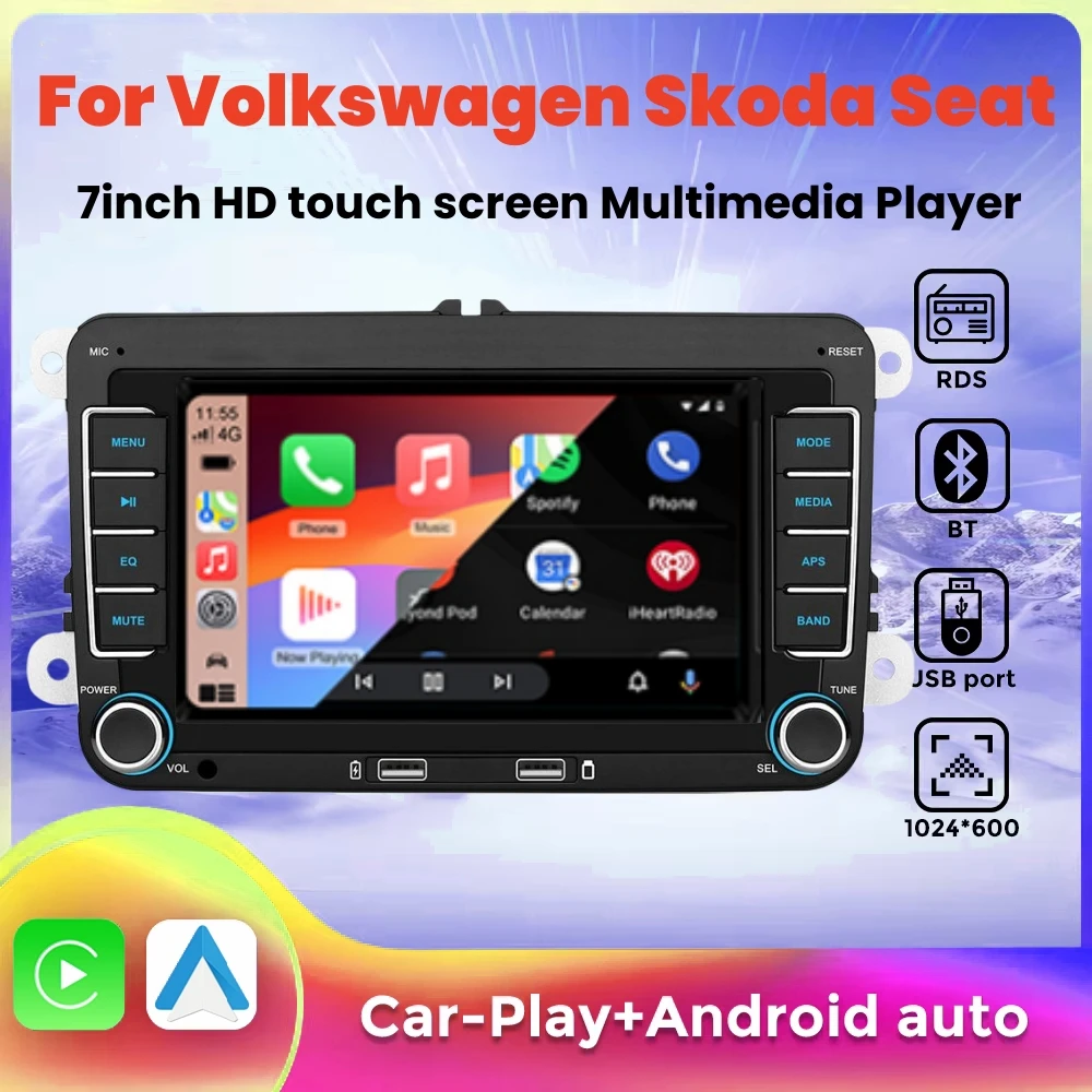 

7" 2 Din HD Car Media Video RDS Airplay Car Radio Wired CarPlay Android Auto Stereo Audio For VW/Seat/Skoda/Passat/Golf/Polo