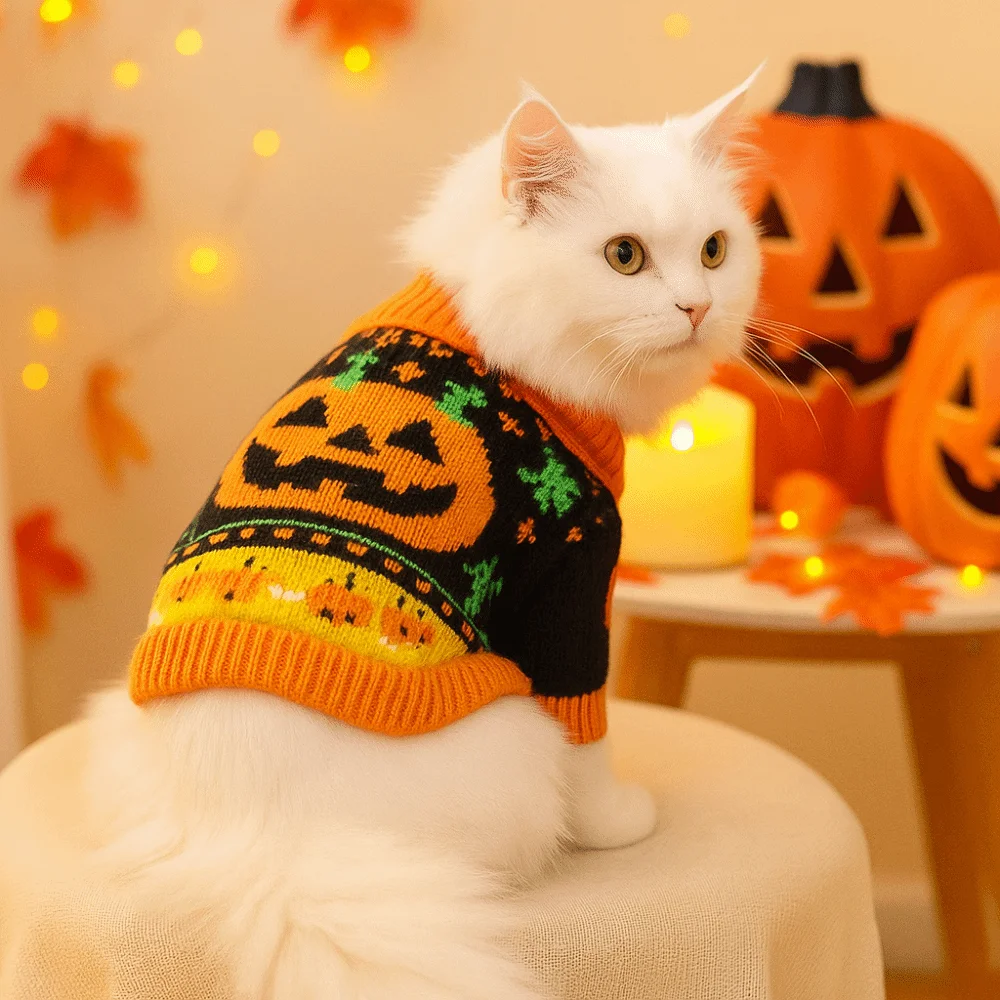 

Turtleneck Design Halloween Dog Sweater Warm Soft Pumpkin Pet Sweater Comfortable Pumpkin Costume Dog Knitwear Puppy Outfit