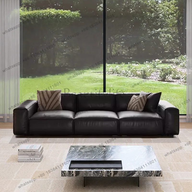 Tofu block leather sofa first layer cowhide living room combination size modern Italian straight row