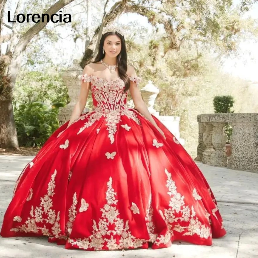 Lorencia Velvet Red Quinceanera Dress Ball Gown Gold Lace Butterfly Applique Long Sleeve Sweet 16 Vestidos De 15 Años YQD702