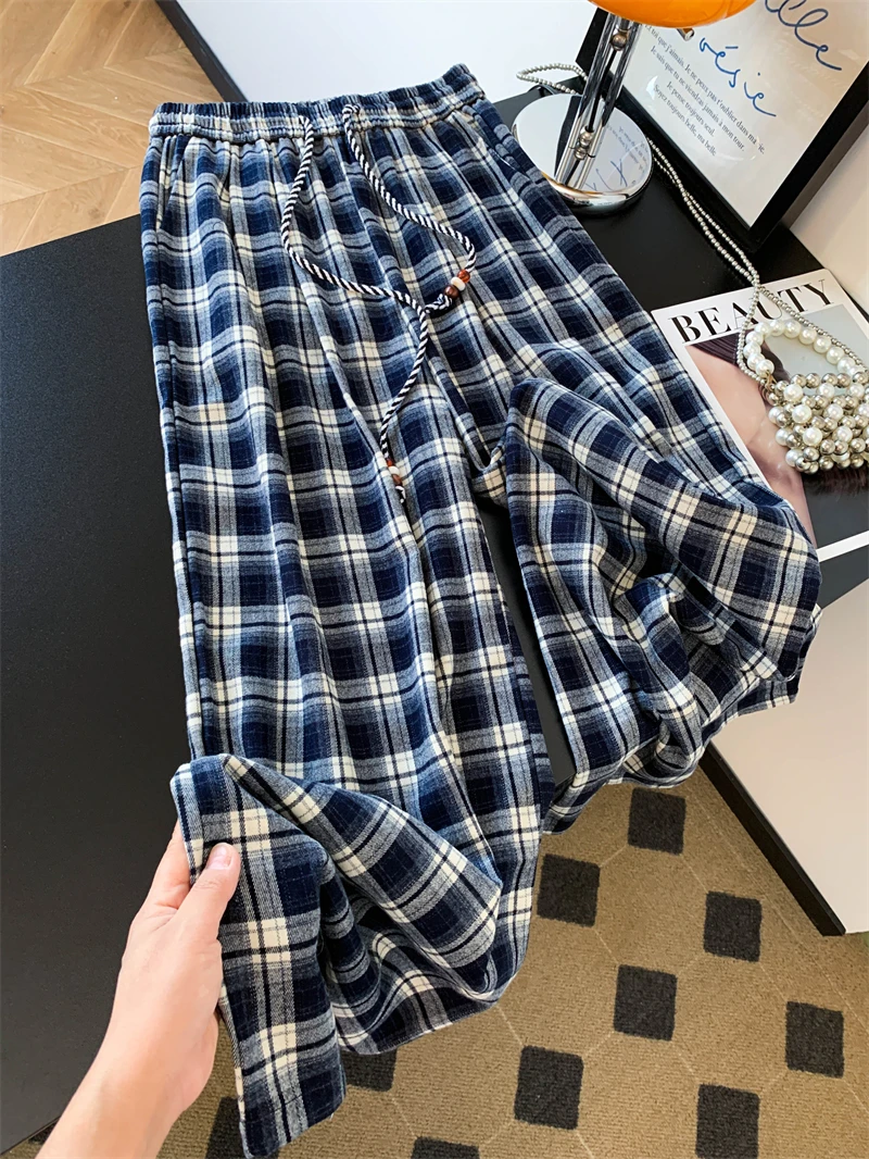

Новинка 2025 года, синие повседневные брюки в клетку в стиле ретро для женщин, темпераментные универсальные прямые брюки с высокой талией, модные красивые брюки