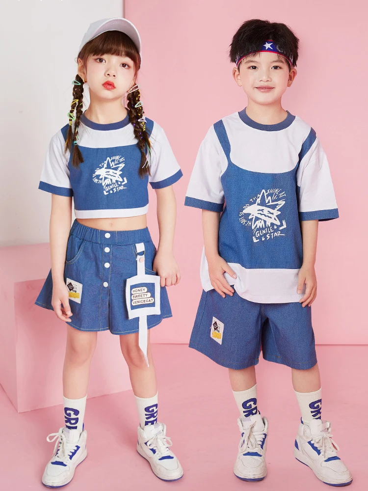 Cheerleading Uniform Denim Jazz Dance Kostuum Tops Shorts Rok Hiphop Dance Outfit Concertkleding Dl10439