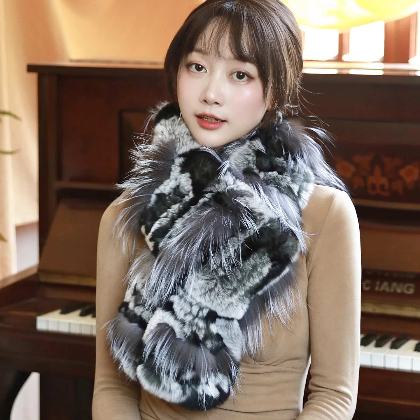

Besfilin Lengthened 180cm Genuine Rex Rabbit Fur Scarf Fox Fur Warm Neck Warmer Women's Fashion Accessory for Autumn Winter