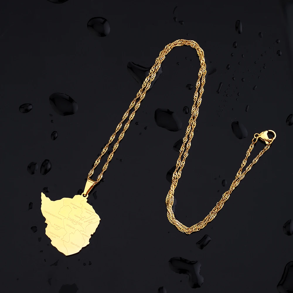 Mode Simbabwe Karte Stadt Anhänger Halskette Edelstahl Gold Silber Farbe Männer Frauen Afrika Karte Schmuck Geschenk – Detail 5