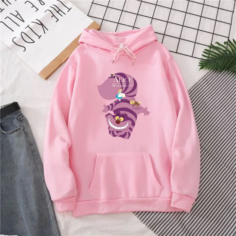 Cartoon Cheshire Cat Hoodie Fashion Alice in Wonderland Hoody Print Cute Cat Long Sleeve Hooded Pullover Womens Sweatshirt