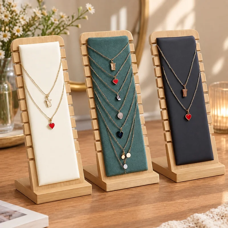 Vertical Jewelry Stand Crafted from Bamboo for Neatly Displaying Necklaces in Stores or Home Settings