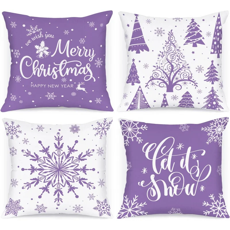 

Merry Christmas Pillow Set 4, Winter Snowflake Festival Cushion Indoor Farmhouse Family Room Sofa Decoration