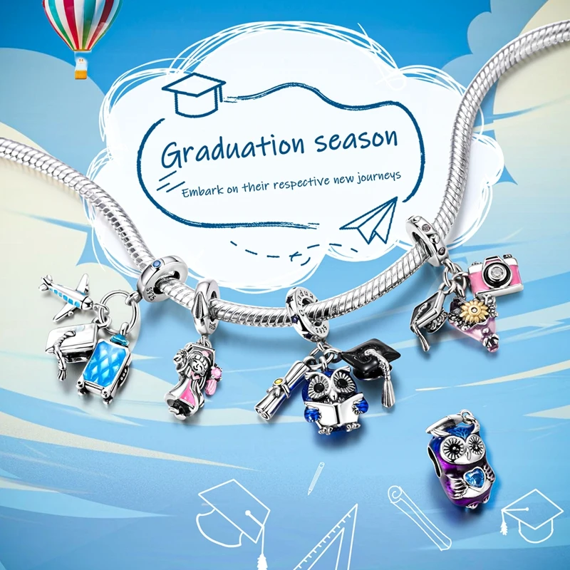 Fit Original 925 Sterling Silver Charms Beads Floral Graduation Cap Graduation Season Series Charms for Women DIY Jewelry Gifts