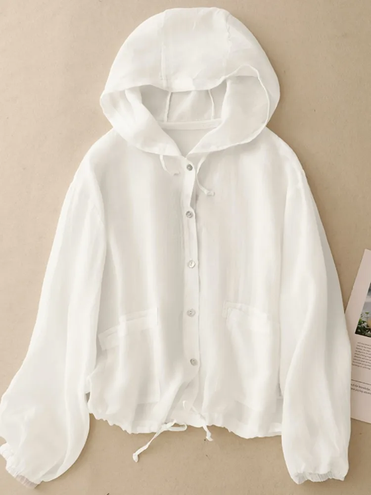 Ladies Summer Lightweight Breathable Cotton Linen Hooded Sun Protection Cardigan Trendy Air Conditioning Outerwear Top