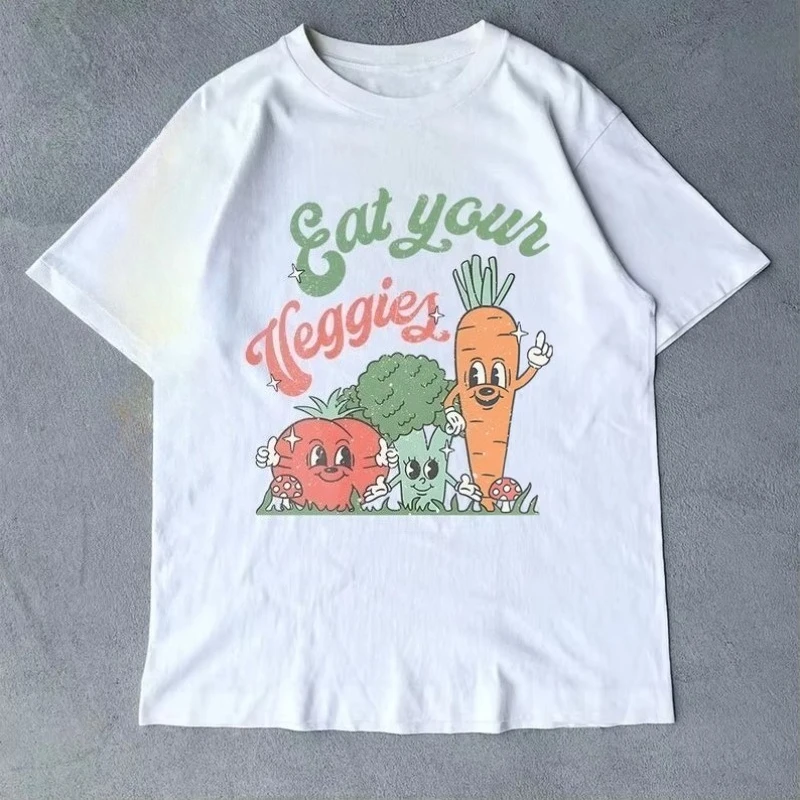 Eat Your Veggies Retro-Grafik-T-Shirt, veganes Hemd, Gemüsesiebdruck, Baumwoll-T-Shirt, Bauernmarkt, Kleidung, Foodie, Gartenarbeit