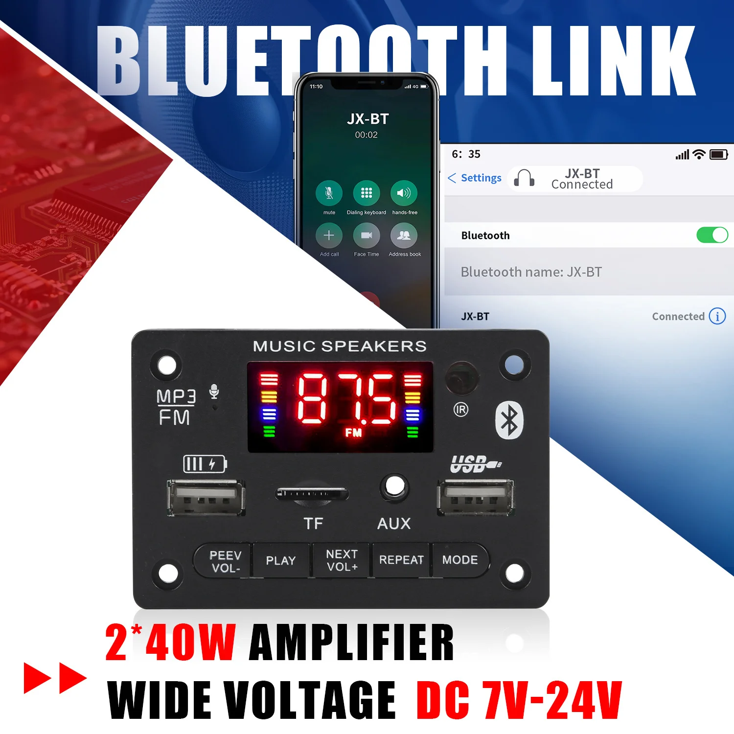 80W Amplifier MP3 WMA WAV Decoder Board USB Charging Bluetooth 5.0 Wireless Music Player 5V-20V Car FM Radio AUX Call Recording
