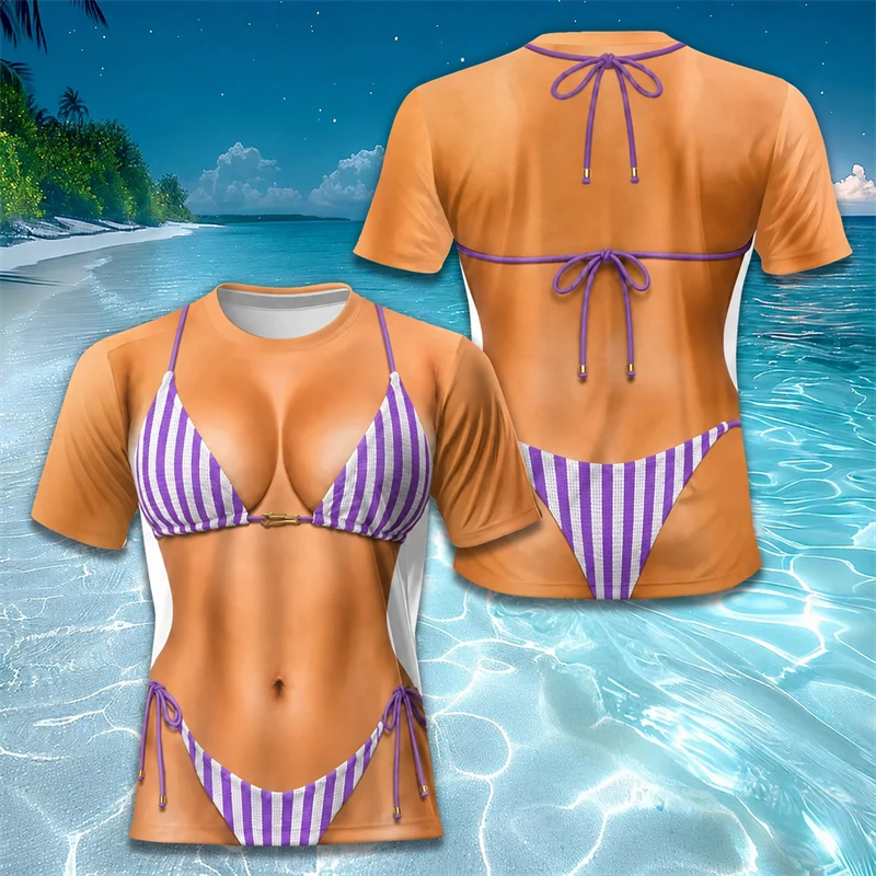 3D Fake Body Bikini Printed Men Short Sleeve T Shirts Funny Stripe Pattern Tee Casual Summer Beach Pool Party Holiday Top Gifts