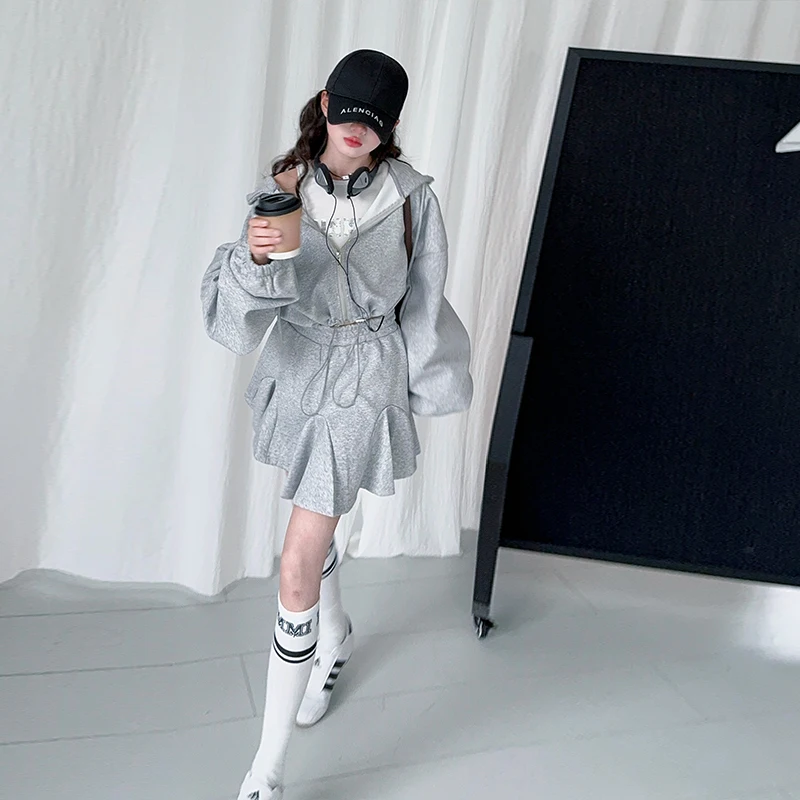 teenager girls grey JK clothes set Letter hooded sweatshirt+Fish tail skirt 2pcs Casual junior kid dress suit child outfits 4-14