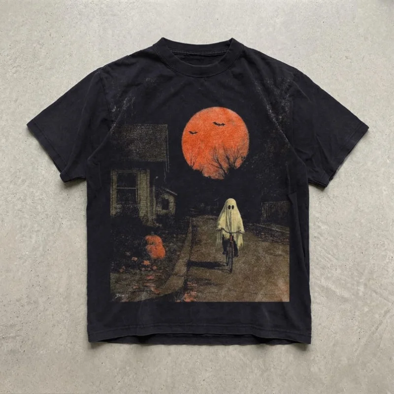 Vintage Halloween-T-Shirt mit Geistergrafik, Retro-Print, Oversized, Unisex, Kurzarm, dunkle Ästhetik, Streetwear, lässige Baumwoll-Oberteile – Detail 2
