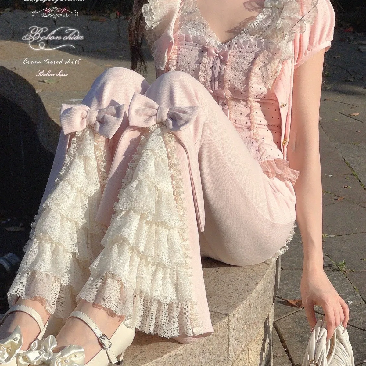 Pants Y2k Sweet Lace Bow High Waist Women Clothes Pink Trousers Korea Fashion Gyaru Cute Bell-Bottoms Elastic Lolita Pantalon