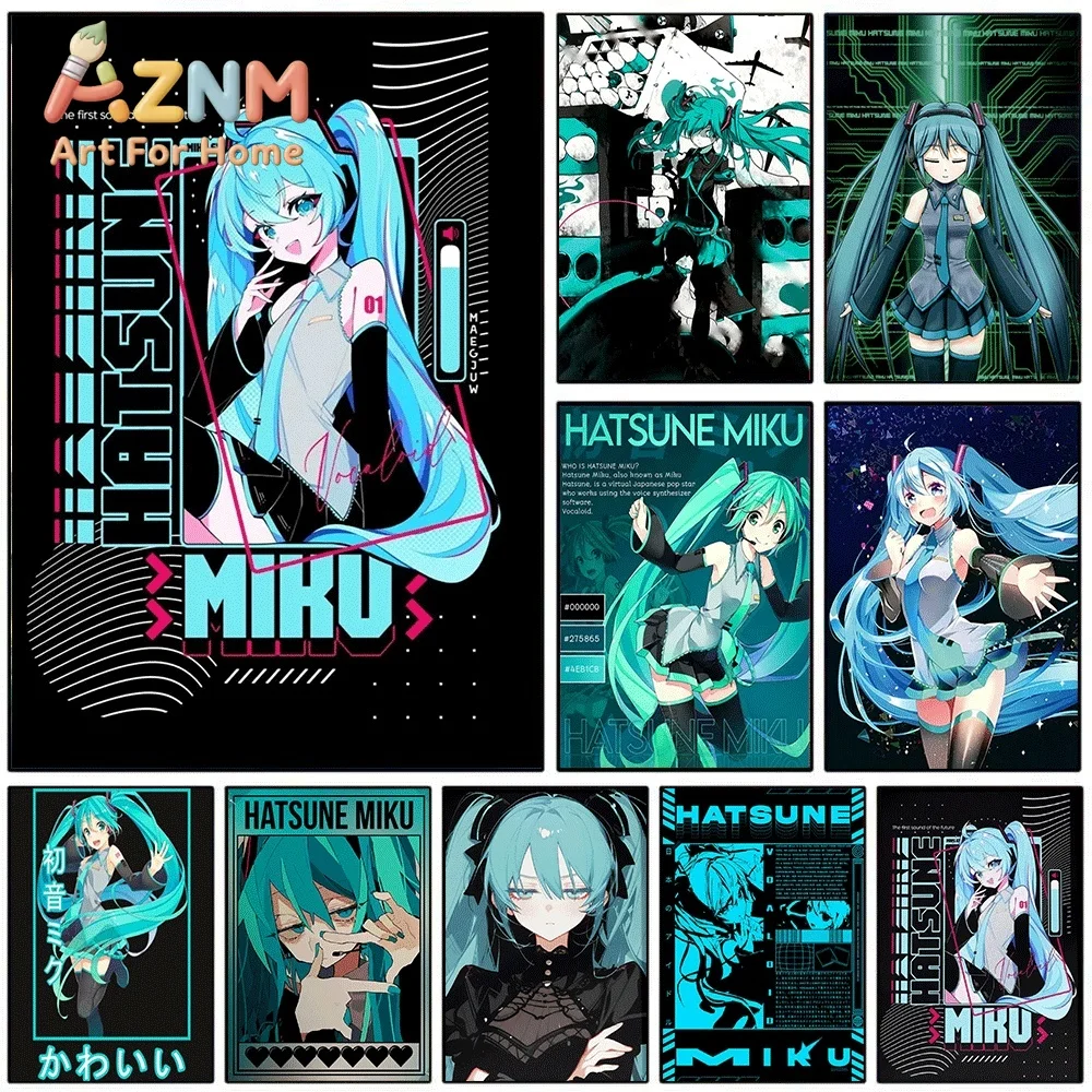 Hatsune Miku Black Tech Style Anime Canvas Painting Frameless Wall Art Print Poster Home Bedroom Living Room Trendy Wall Decor