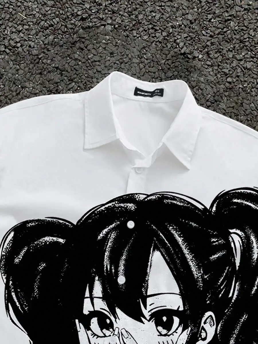Hip Hop Casual Fit Cartoon Character Print Short Sleeve Shirt Cotton Men Loose Lapel T-shirt High Street Top Harajuku Streetwear