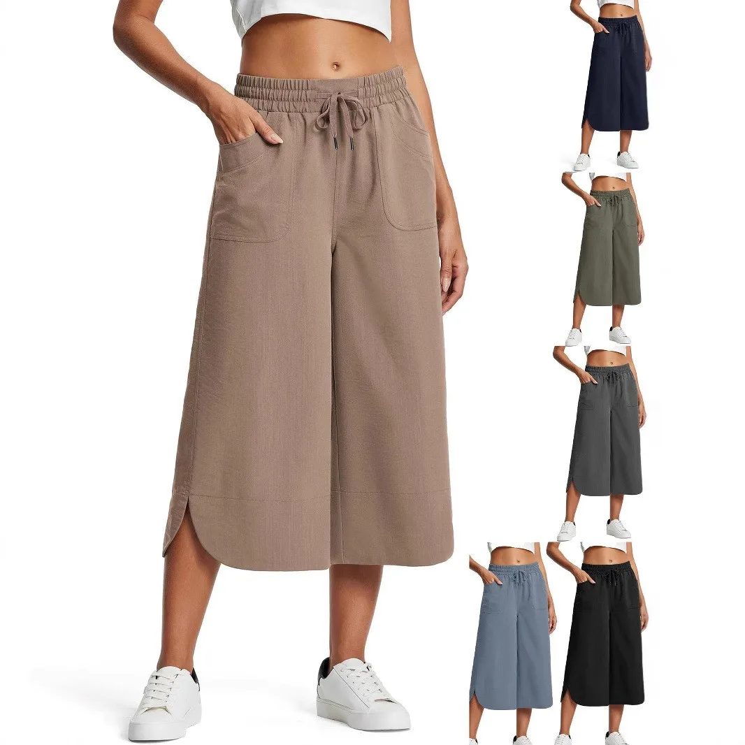 

Casual Elastic Waist Pants Wide Leg Trousers Cropped Mid Waist Crop Pants Drawstring Side Slit Capri Pants Khaki Olive Navy