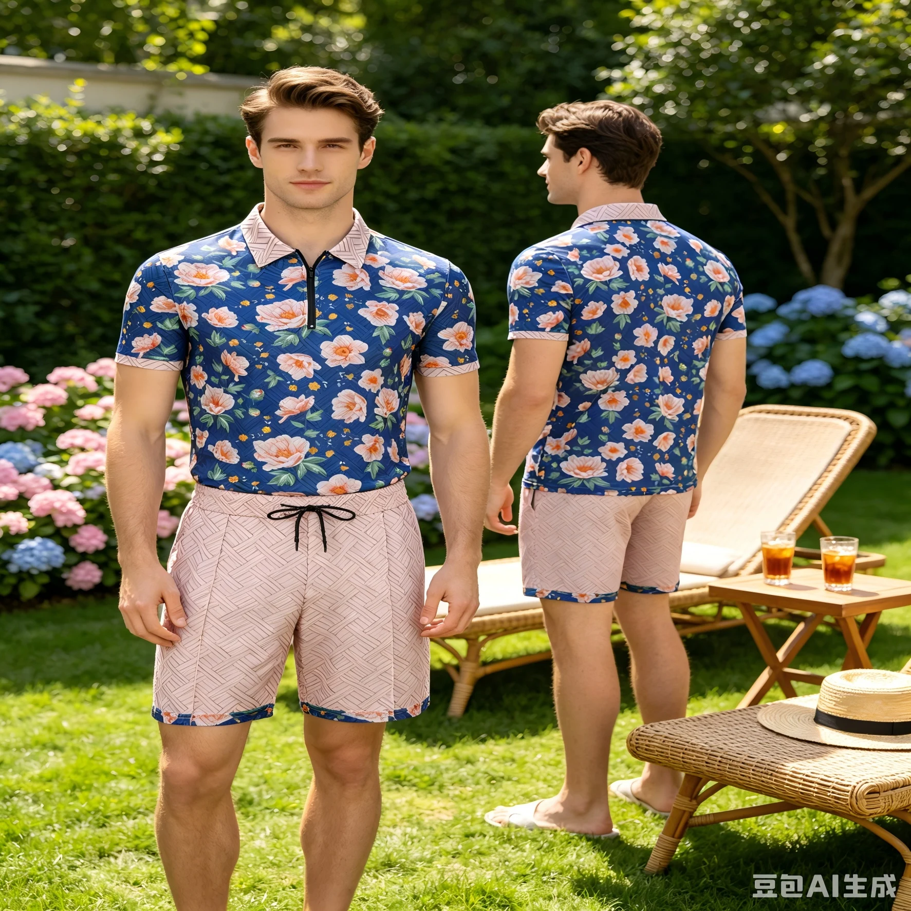 Men Floral Print 2 Piece Set, Quarter Zip Short Sleeve Polo Shirt with Drawstring Shorts, Summer Beach Casual Matching Outfit view 5