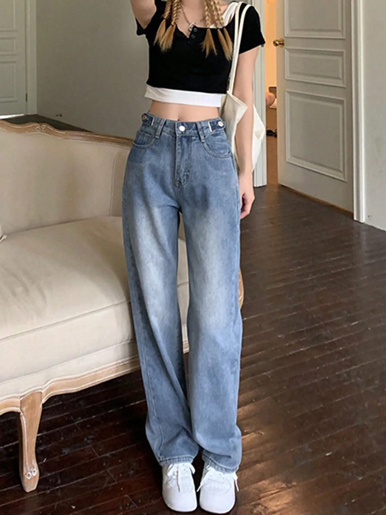 Korean Chic Autum Light Blue Washed White High-Waisted Jeans Narrow Version Pear-Shaped Body Covering Crotch Wide-Leg Pants for Women