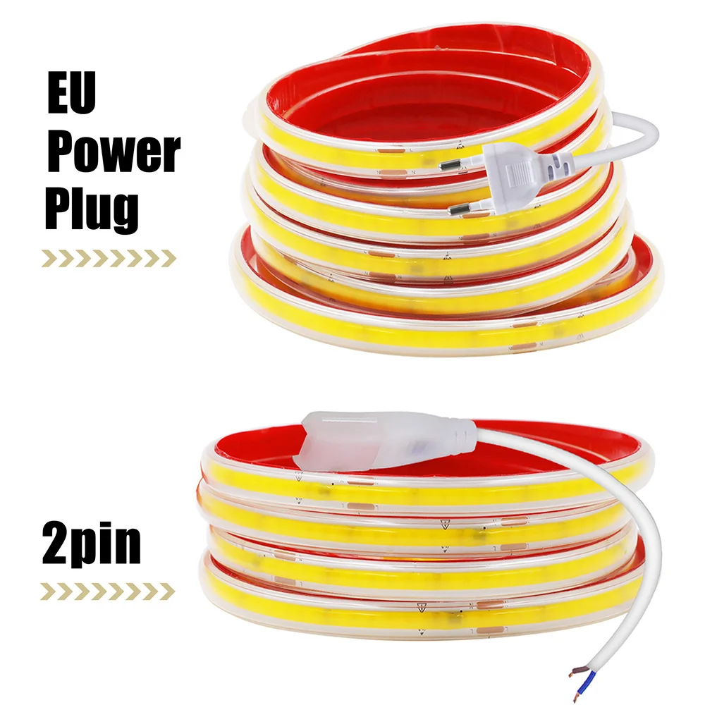 220V COB LED Strip Light Adhesive Tape 10CM Cut 2pin Wire Power Kit 240 LEDs Flex Linear Lighting RA90 1m 2m 5m 10m 20m 40m 0.5m