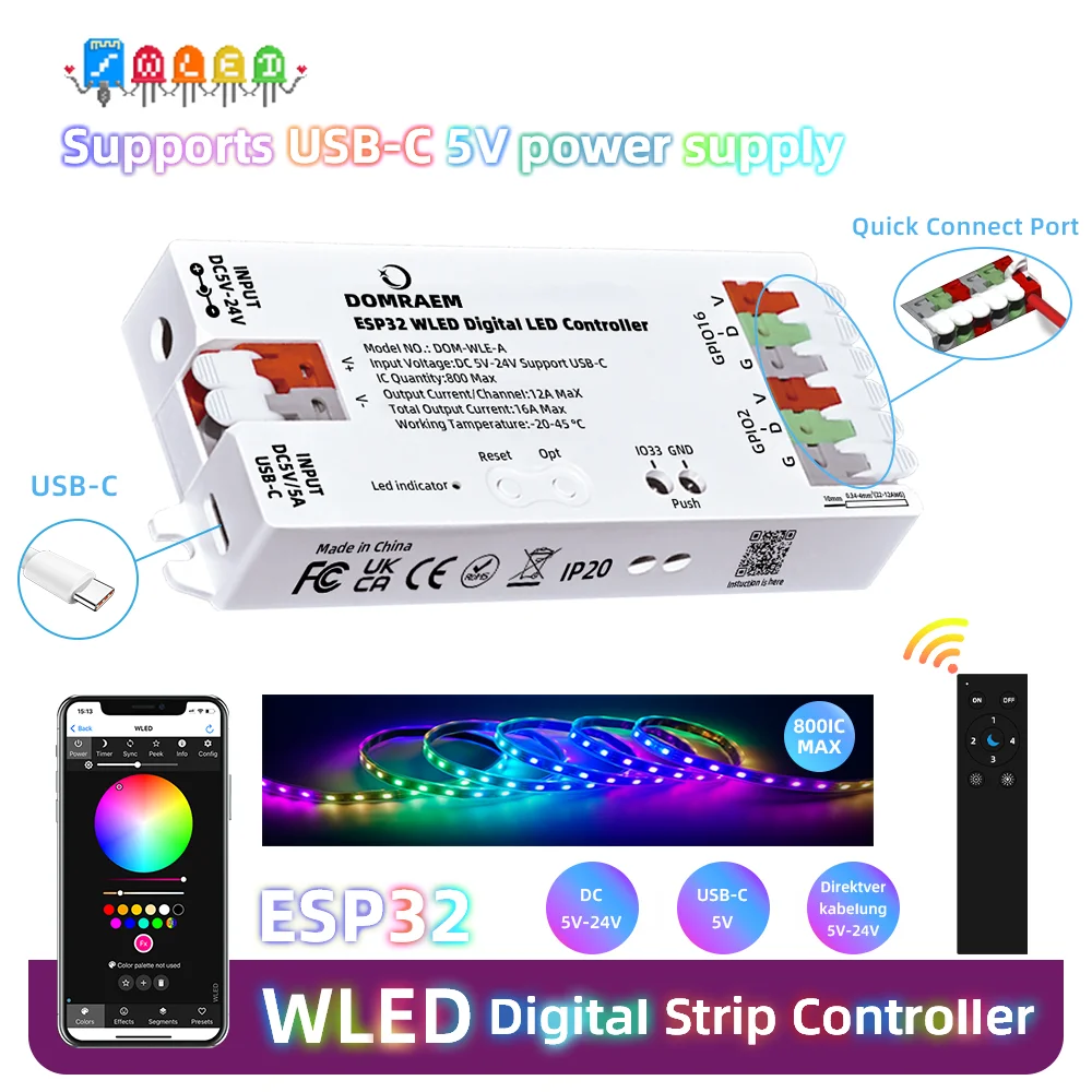 DOMRAEM ESP32 WLED DIY Controller Works with HA/Alexa  2CH 16A Fuse Supports WS2811/12/12B/13/14/15/05/SK6812 Digital LED Strips