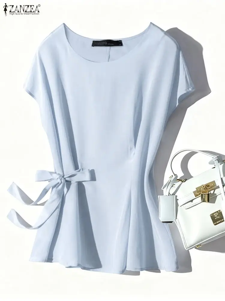 2026 ZANZEA été Blouse bureau haut pour femme élégant solide OL Chemise de travail décontracté col rond manches courtes Blusas à lacets Chemise Mujer