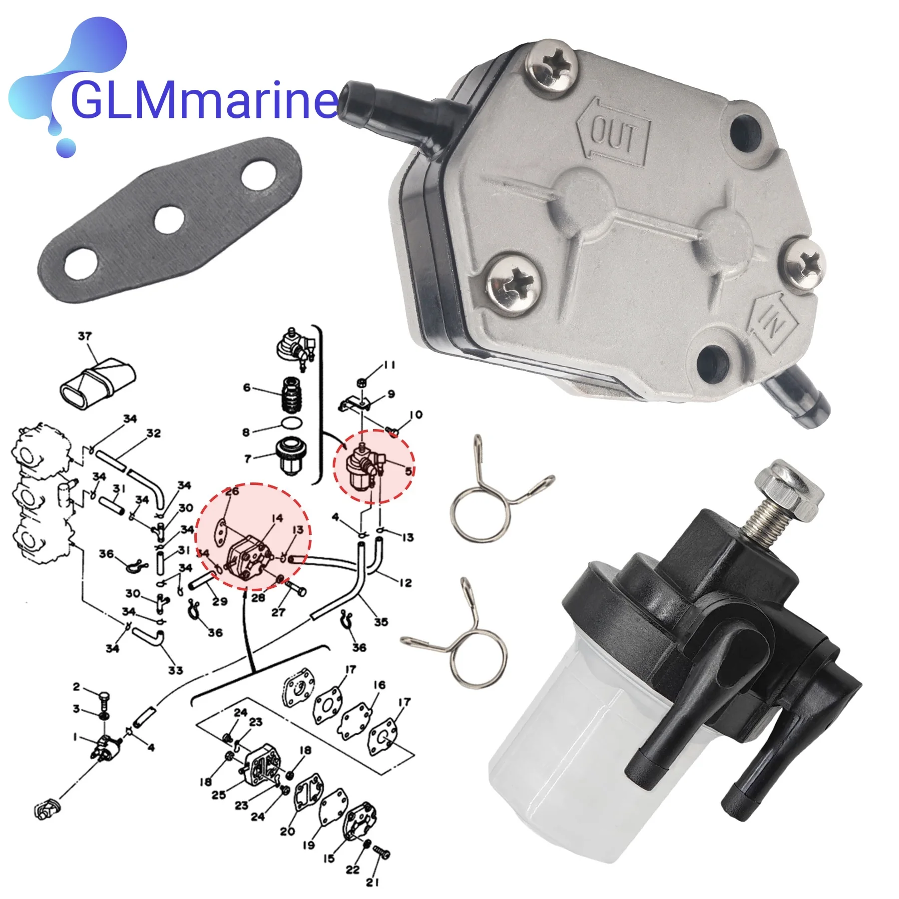 

692-24410 Fuel Pump Bundle with 61N-24560 Fuel Filter for Yamaha 20-90HP for Suzuki 8-65HP Outboard Motors 6A0-24410 15100-94311