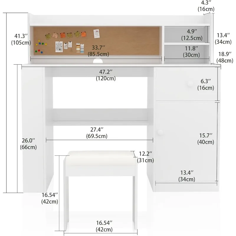 Kids Desk and Chair Set with Hutch, Wooden Student's Study Desk with Storage Cabinet and Drawer, Children Computer Writing