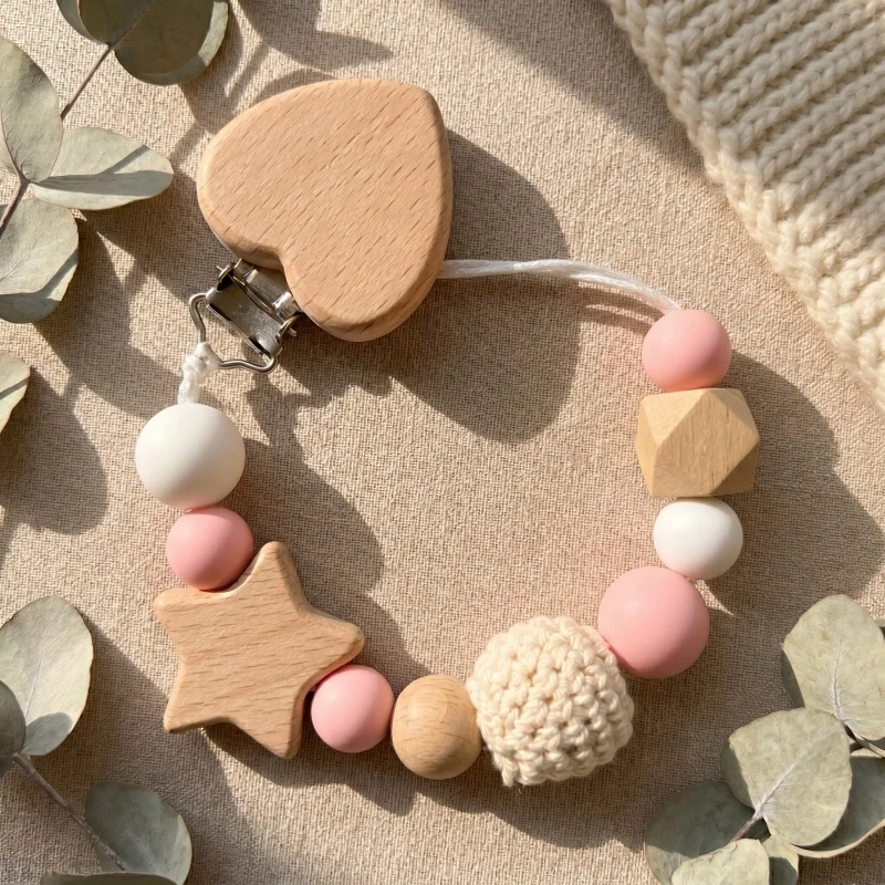 Personalized Baby Pacifier Clip Chain Custom Name Silicone Wooden Teether Holder BPA Free Soother Dummy Clips Baby Shower Gift view 4