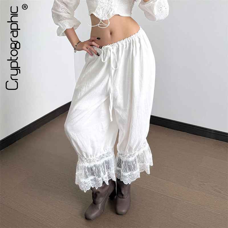 

Cryptographic 90s Cyber Y2K White Casual Low Rise Bloomers Pants for Women Lace Trim Hem Loose Capris Pant Trousers Streetwear