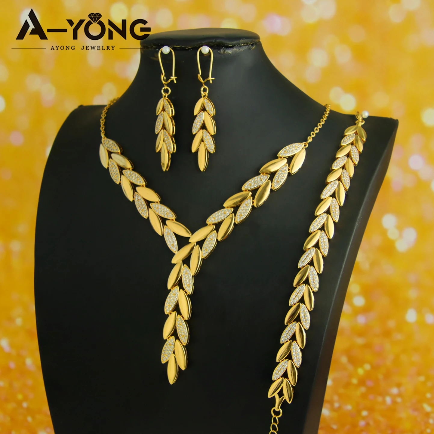Nigeria Edles Braut-Hochzeitsschmuck-Set, 21 Karat vergoldet, italienische elegante Blatt-Halskette, Armband, Ohrringe, brasilianischer Goldschmuck – Detail 6