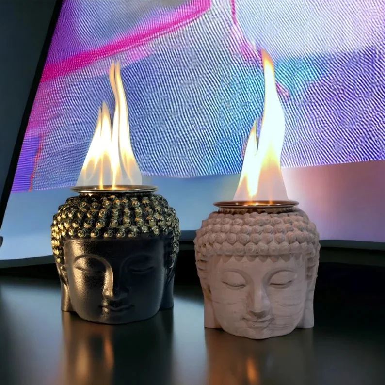 Tabletop Fire Pit - Mini Fire Bowl, Buddha Head Decor, Portable Concrete Personal Fireplace for Indoor & Outdoor