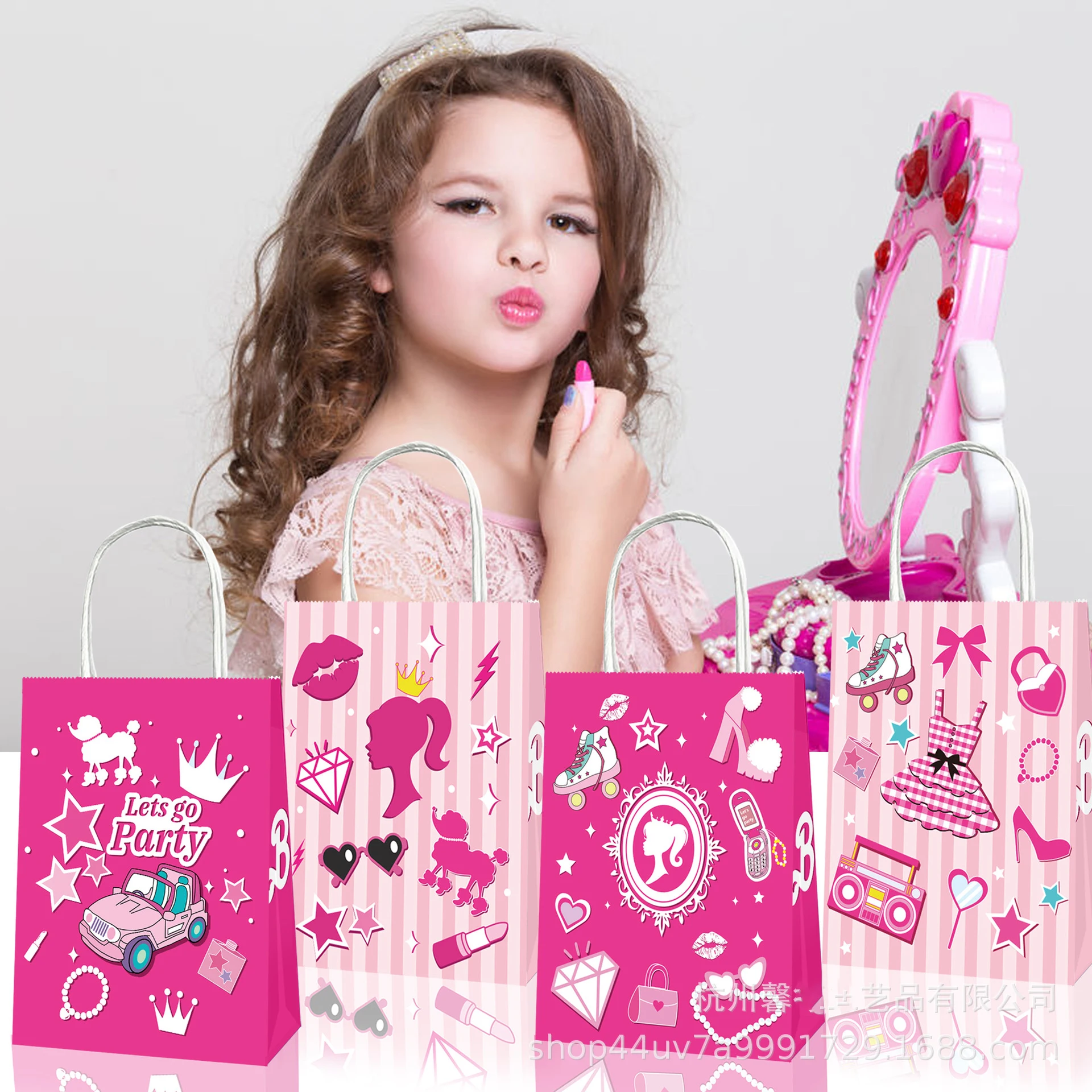 4/30pcs Pink Girls Gift Bags With Handle Paper Candy Bags Supplies Horse Lips Beauty For Girls Birthday Party Decorations Favors