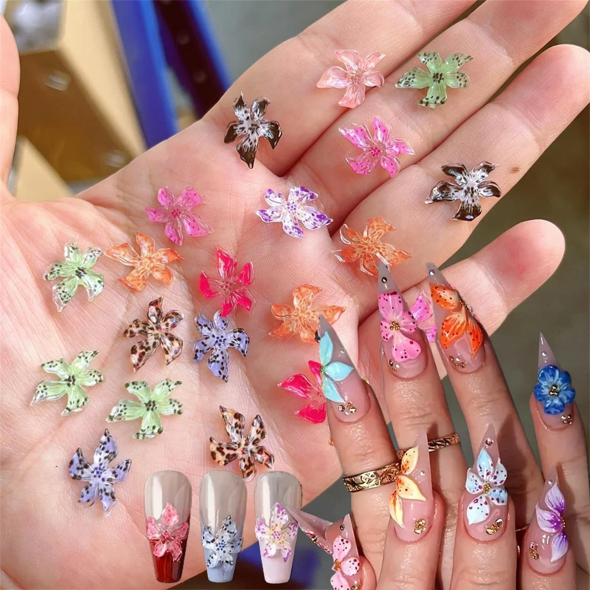 20 pçs 3d semi-transparente lírio floral encantos de unhas design de flor de cristal de gelo macio com impressão de leopardo para decoração de manicure diy