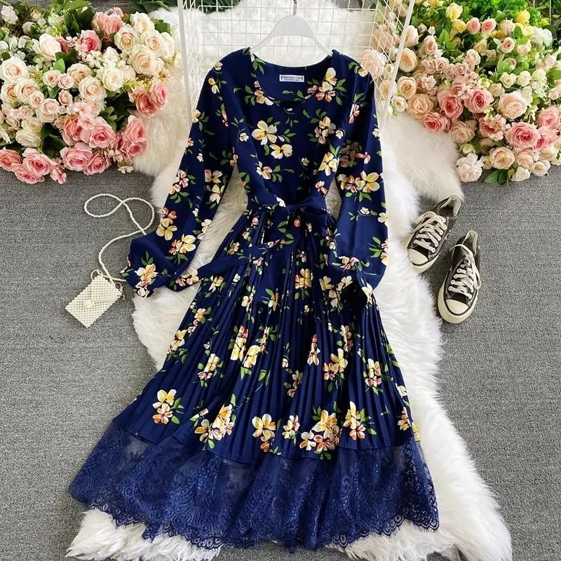 แขนยาวลูกไม้Patchworkจีบชุดยาว 2025 ใหม่ฤดูใบไม้ร่วงอารมณ์Cross Floralพิมพ์ชุดพรรคVestidos