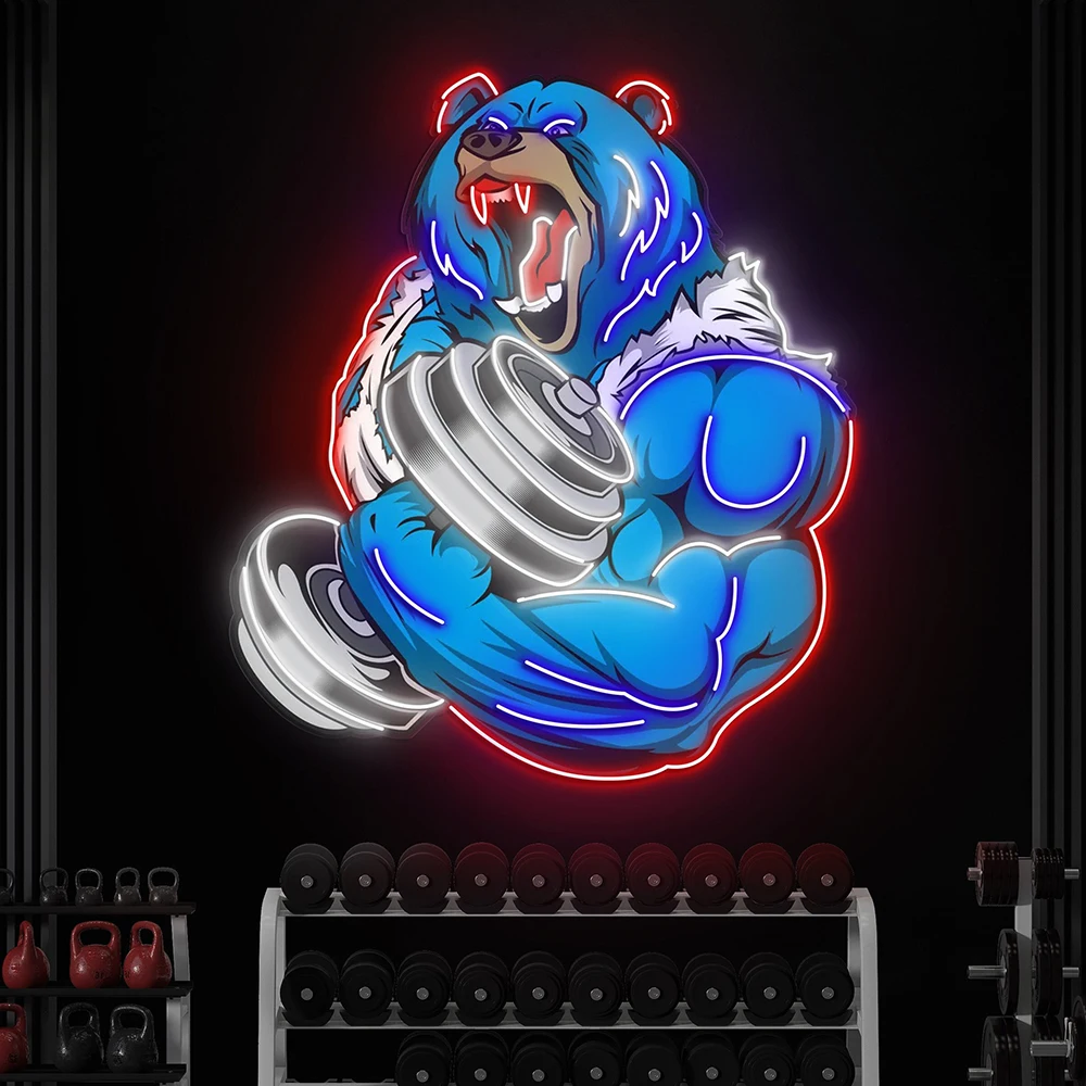 

Bear Strong Dumbbell Neon Light Motivational Gym Decor Man Cave Neon Sign Custom Gym Room Decoration Sign Inspirational Wall Art