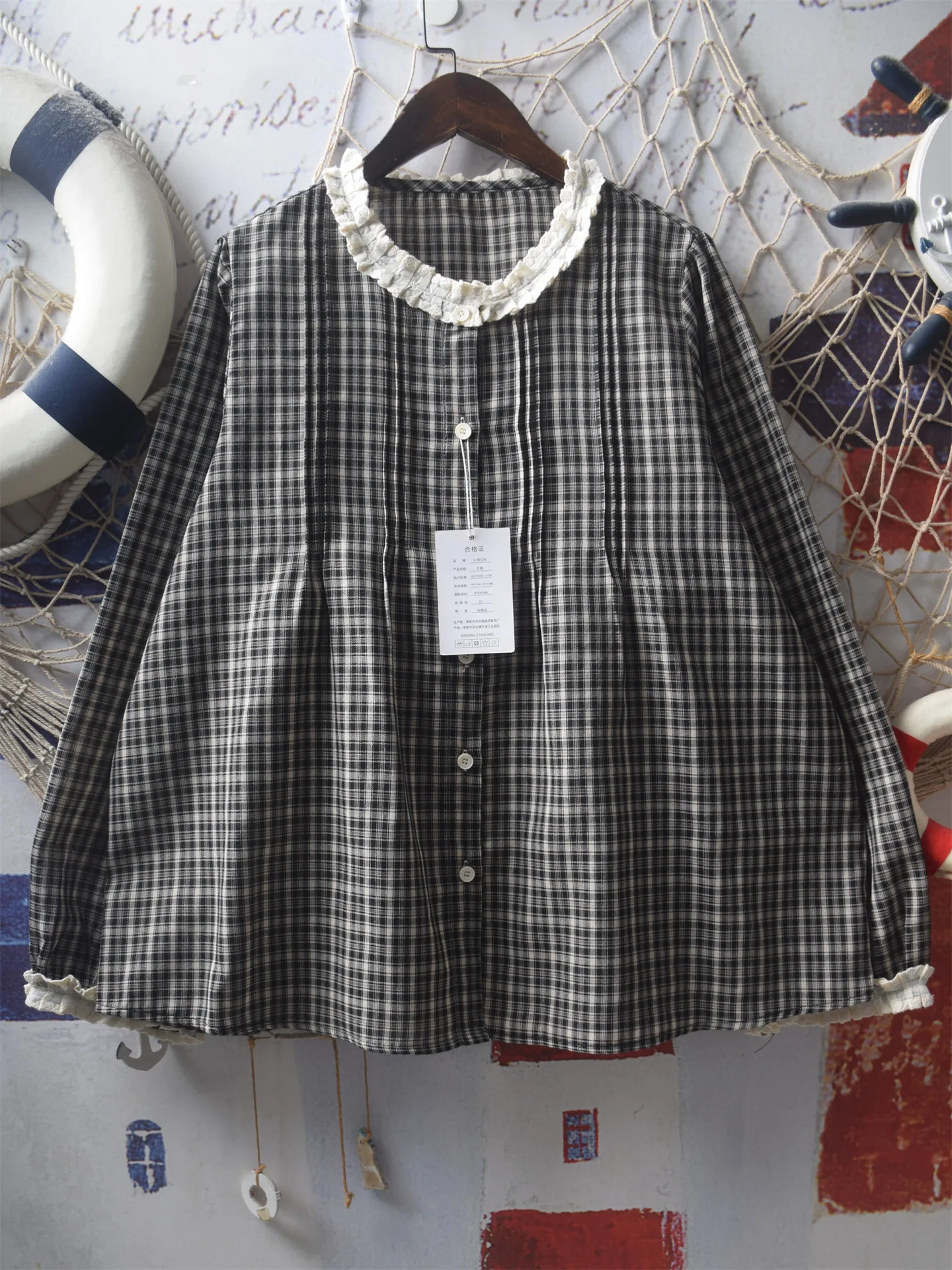 

[Готовый запас] Высококачественная женская блузка из 100% хлопка, рубашка, плиссированная свободная хлопковая рубашка в клетку с длинными рукавами, топ