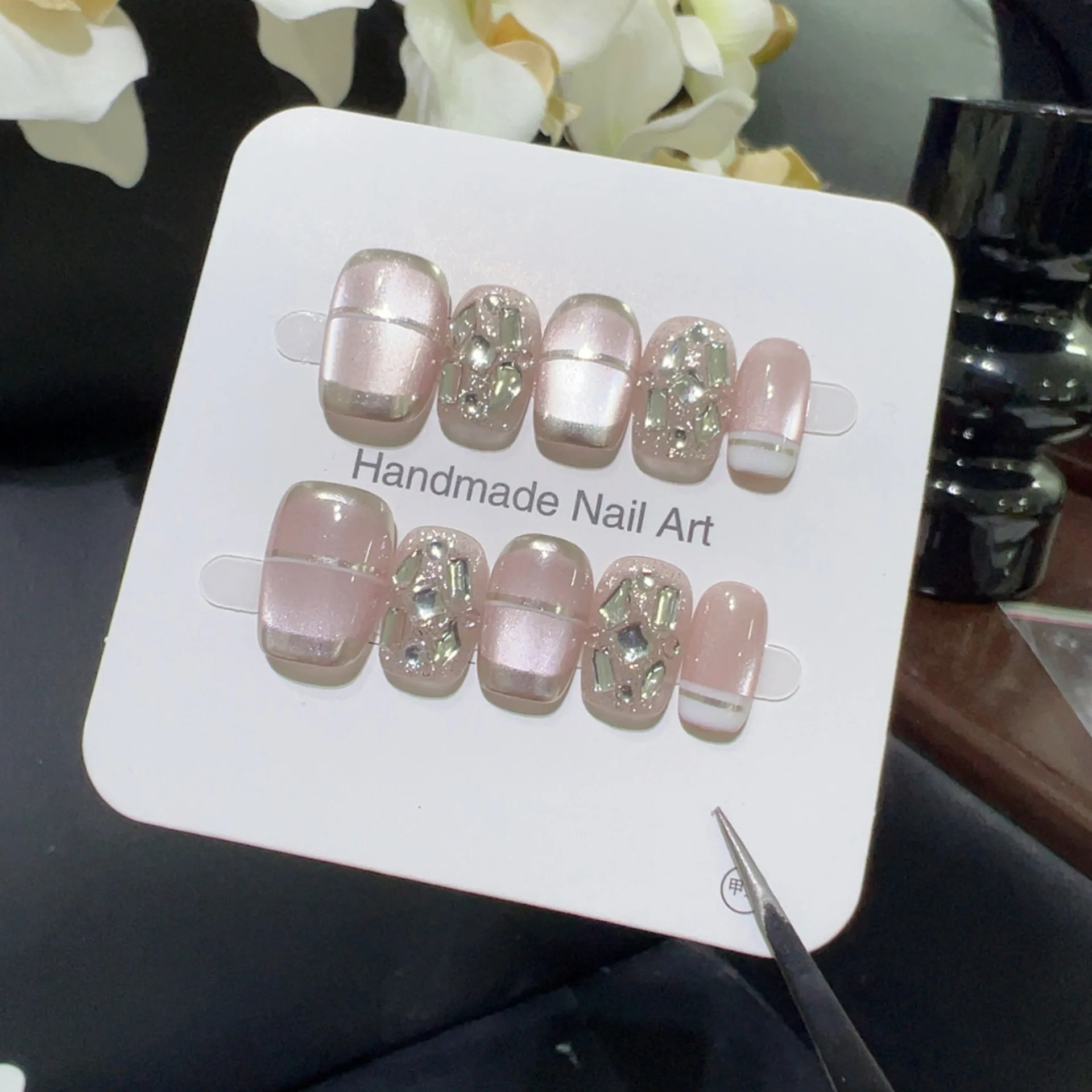 

10pcs Handmade Press on Nails Starry Sky Chasing Glass Bead Cat's Eye False Nail for Women&Girl Removable Wearable Nail Art