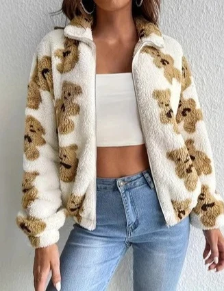 

Женское осенне-зимнее пальто на молнии с принтом медвежонка, пушистое и плюшевое теплое новое осеннее пальто