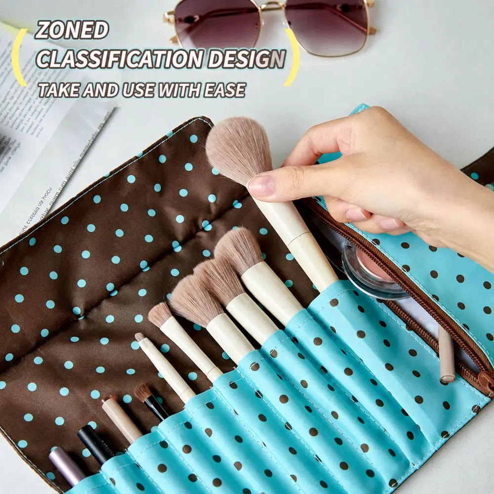 Cute Polka Dot Makeup Brush Storage Bag 10 Slots Canvas Makeup Tool Bag Multipurpose Portable Makeup Bag Makeup Brushes,Pens,Etc