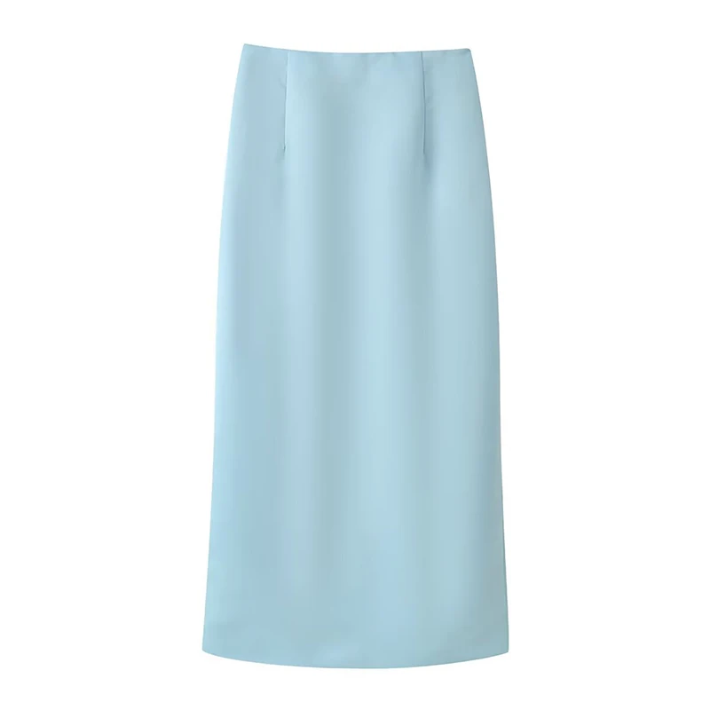 YENKYE Women's Light Blue Satin High Waist Midi Pencil Skirt Back Split Solid Elegant Formal Office Bottoms