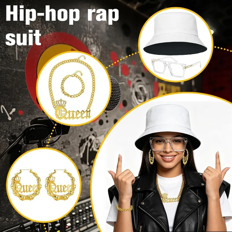 5PCS/SET Hip Hop Queen Costume Kit 80s 90s Rapper Accessories DJ Retro Disco Kit Party Club Halloween Cosplay Dress Up Accessory 3