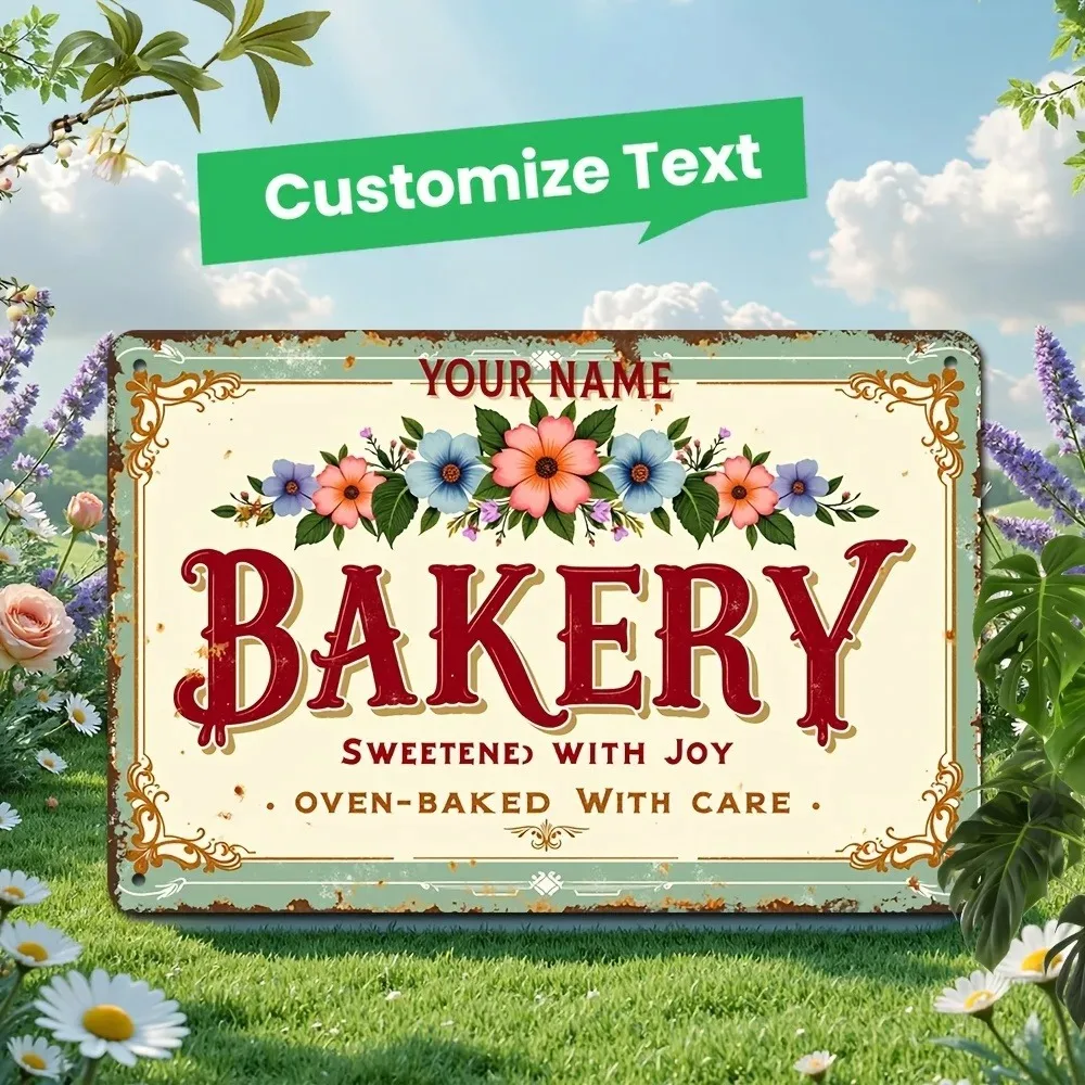 CIFbuy 2D Flat Custom Name Bakery Floral Metal Sign,Vintage Rust Plaque Shop Wall Decor