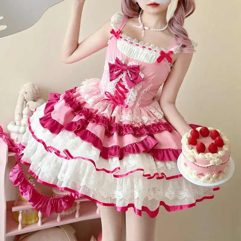 2025 اليابانية الحلو لوليتا Jsk فستان قصير المرأة Kawaii الدانتيل كشكش القوس ضمادة سليم فستان الأميرة الفتيات Y2k فساتين حفلات الشاي