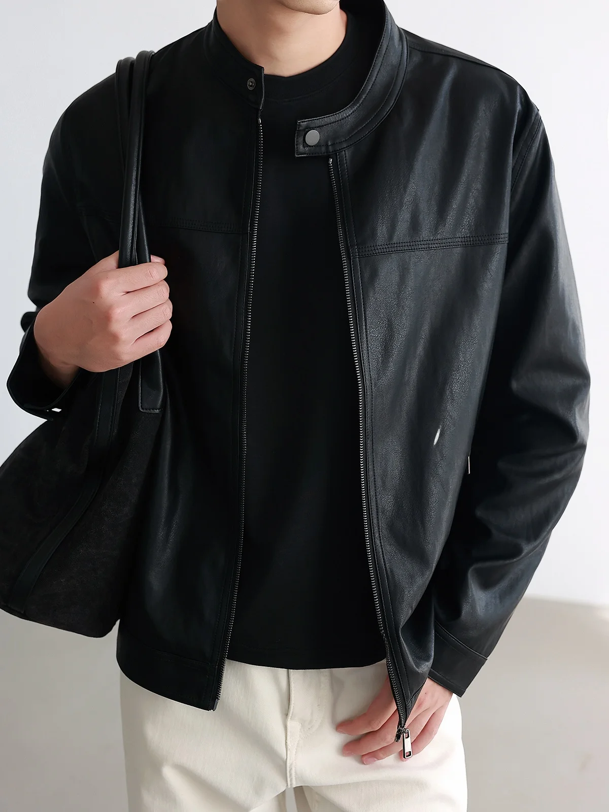American Hard Man Retro Stand Collar Leather Jacket Men's Shoulder Light Luxury Minimalist Trending Motorcycle Outerwear