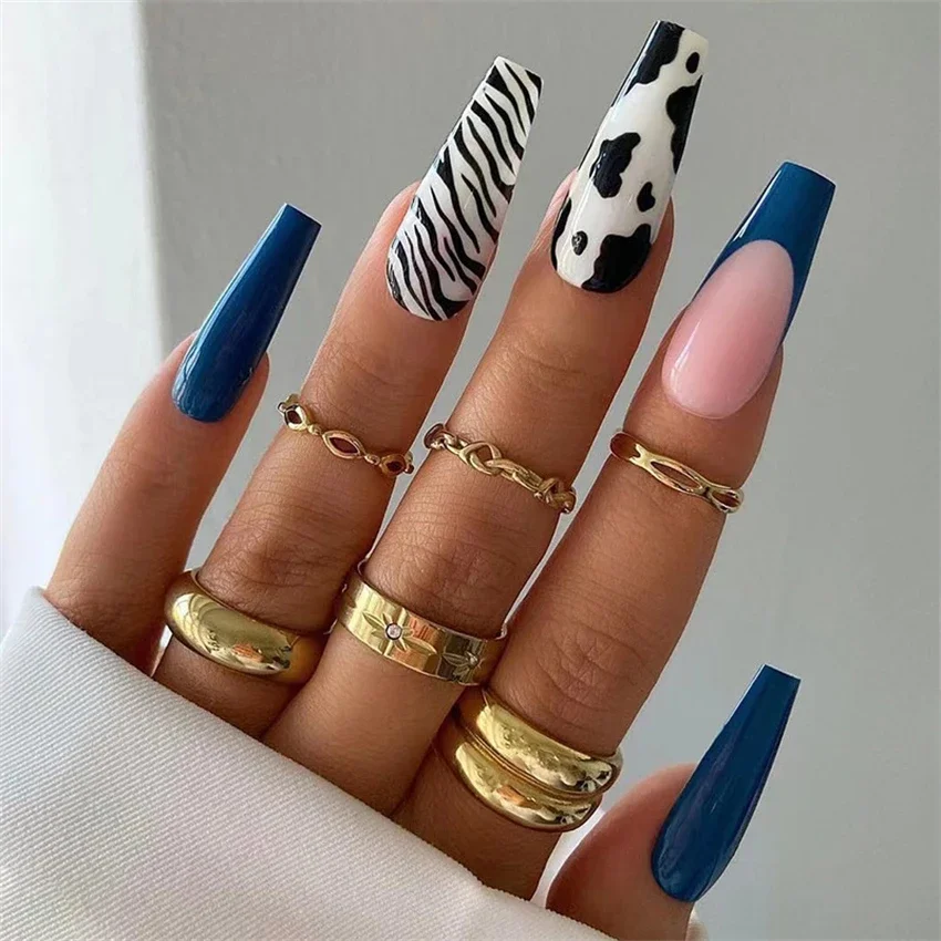 24Pcs/Set Blue Long Ballet Fake Nails Art Black White Cow Print Leopard Print Press on Nail Artificial Acrylic Nail Art Finished