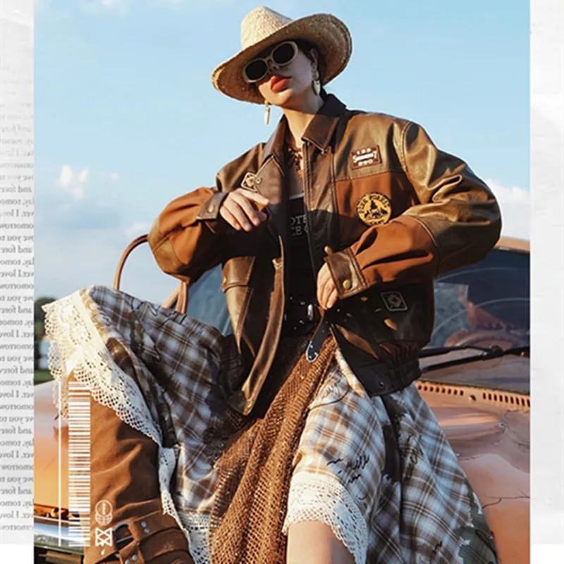 

TIYIHAILEY Vintage Women Long Sleeve Autumn Winter Pu Leath Short Jacket Coat Outerwear Zipper Ladies 2025 Turn Down Collar